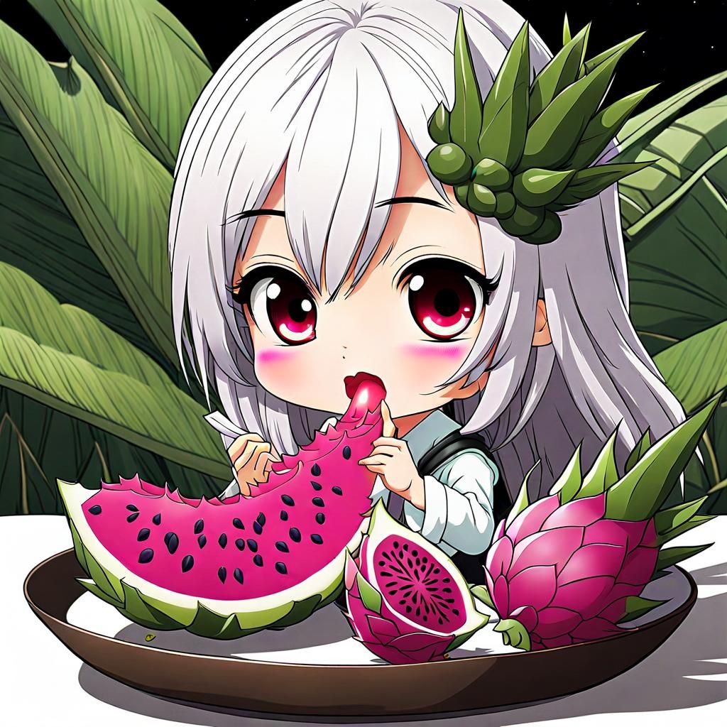 Chibi Anime Girl Eating Dragon Fruit