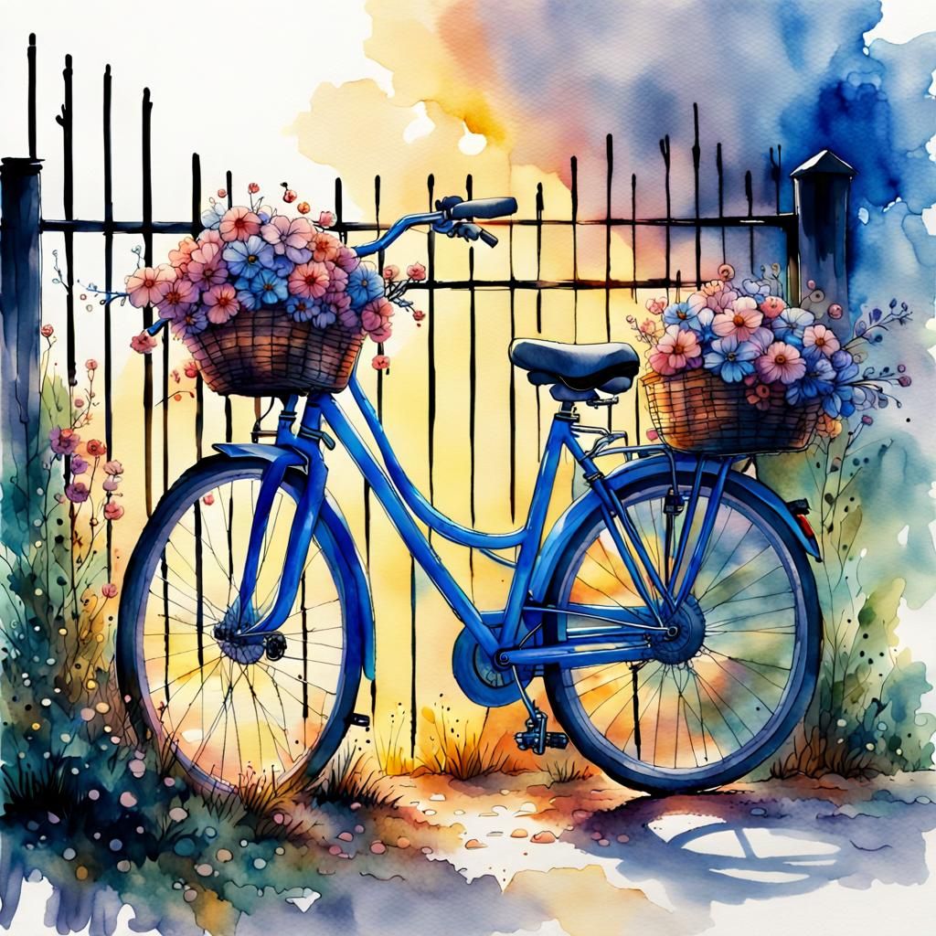 Floral Bicycle on Spring Day: Watercolor Illustration