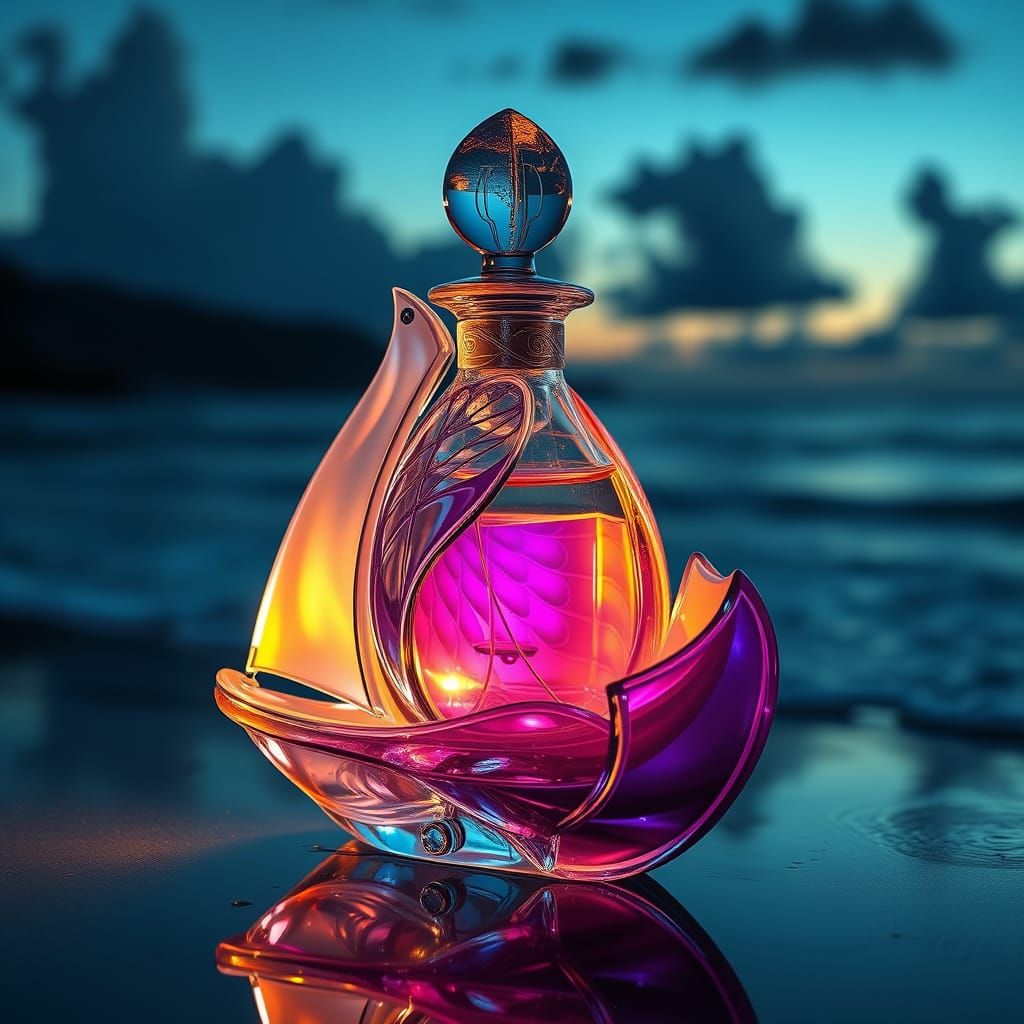 A delicate crystal perfume bottle, shaped like a sailing shi...