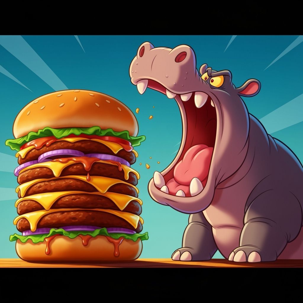 Cartoon Hippo Struggles With Giant Burger in Looney Tunes St...