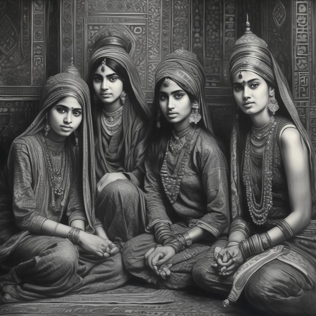 Detailed Charcoal Drawing of Harem Girls