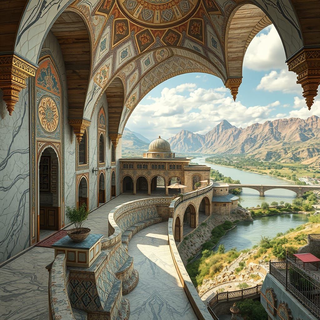 Surreal Caravanserai Amidst Marble Waves and Islamic Archite...