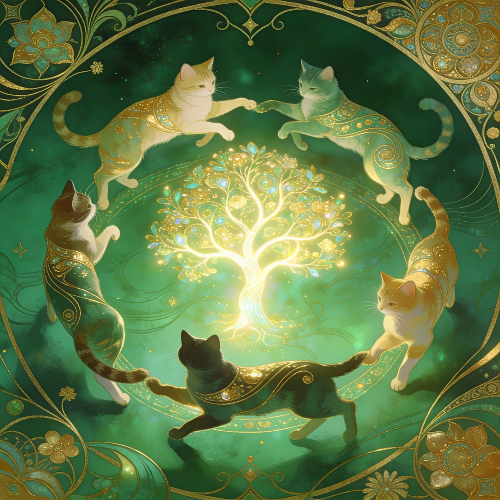 Art Nouveau Cats Dance Around Luminous Green Tree