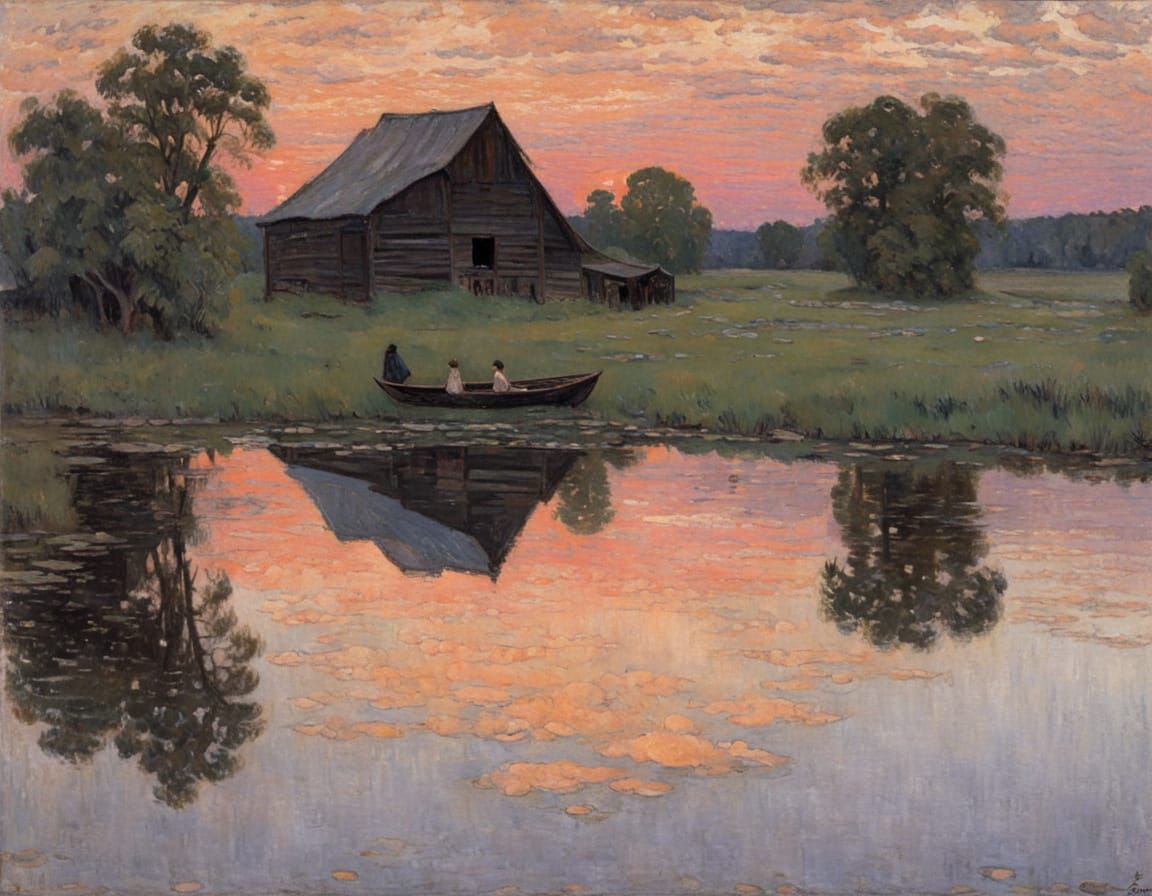 Soft Summer Sunset on Tranquil Pond Waters