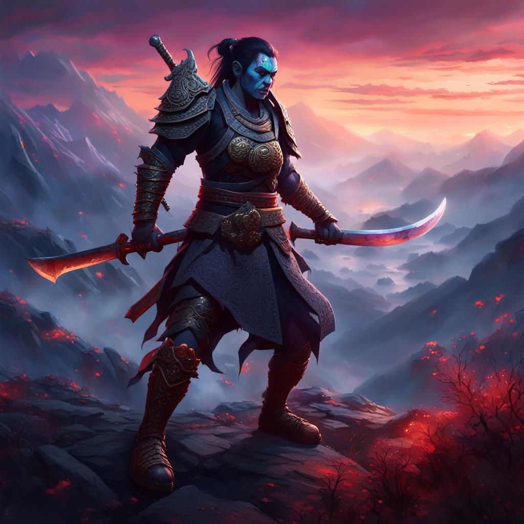 Orc Samurai in Misty Mountains, Fantasy Art