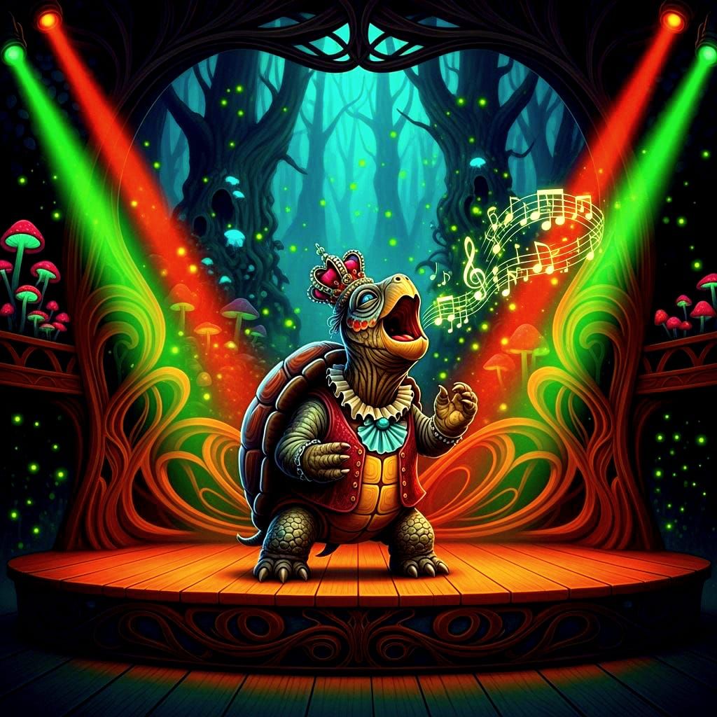 Whimsical Turtle Opera in Neon Lights