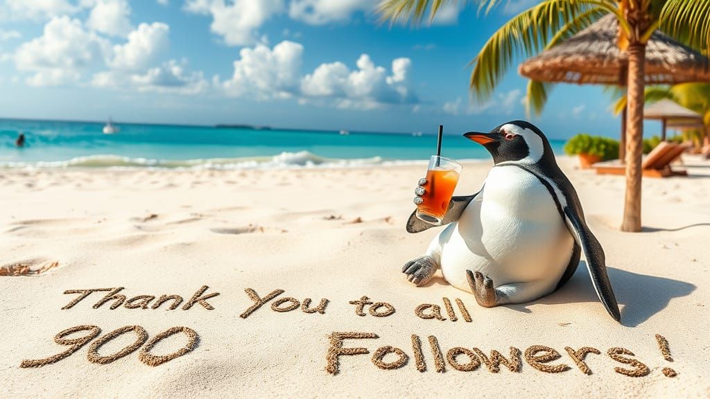 Penguin Thanks Followers on Tropical Beach