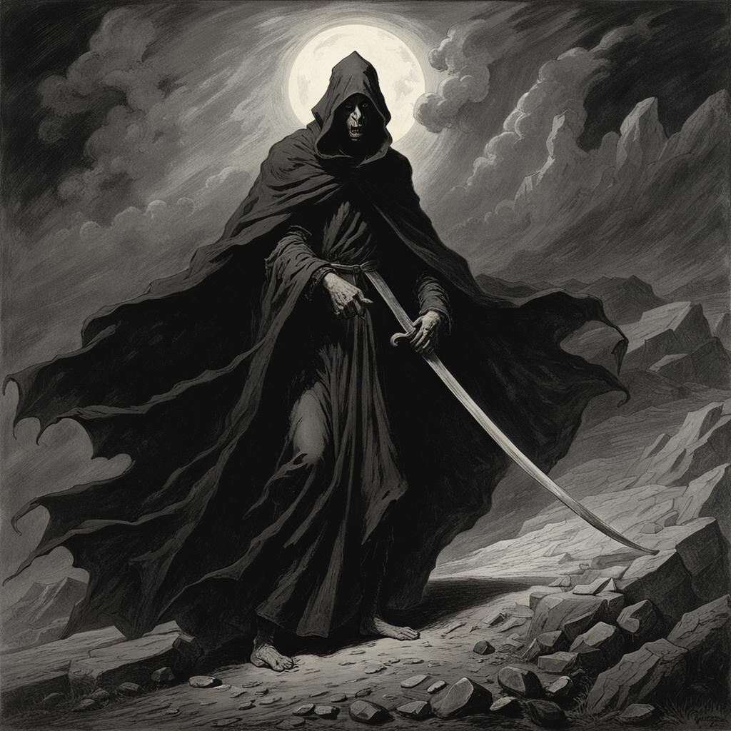 Gloomy Pale Man in Dark Robes with Scimitar