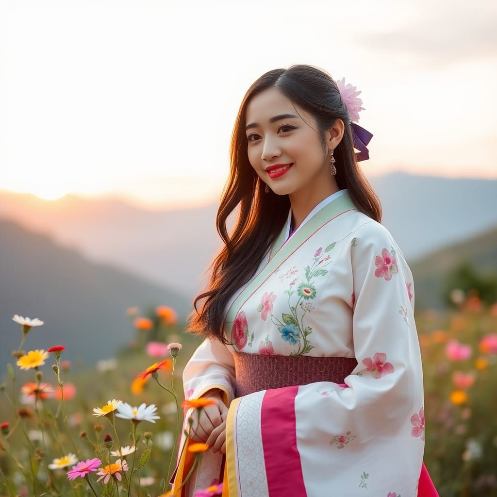 Woman in Hanbok by Wildflower Field at Sunrise