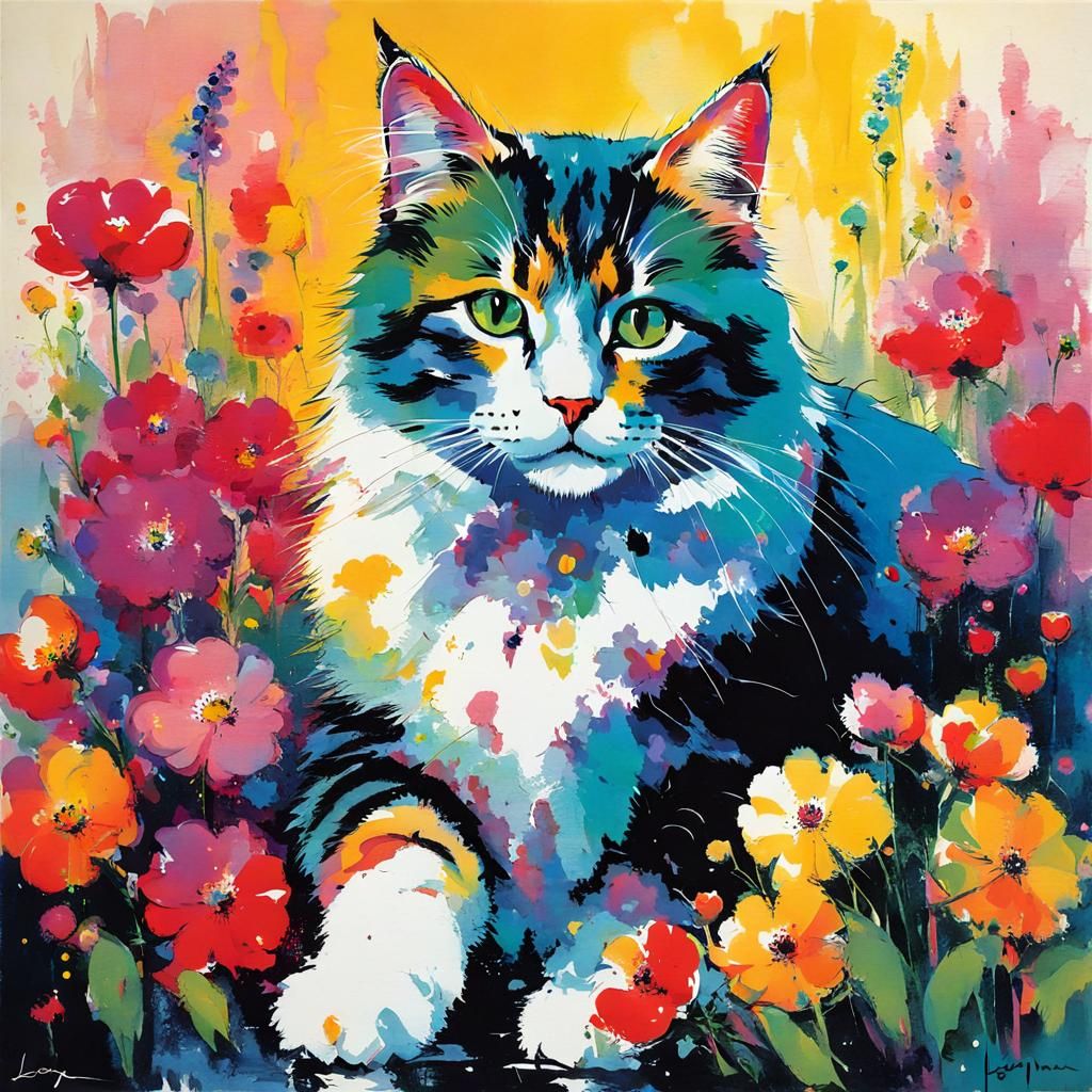 Colorful Cat with Flowers in Expressionist Style