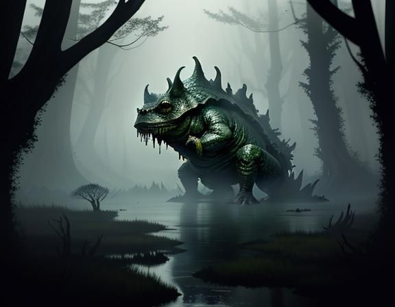 Bullywug in Misty Swamp: Dark Fantasy Illustration