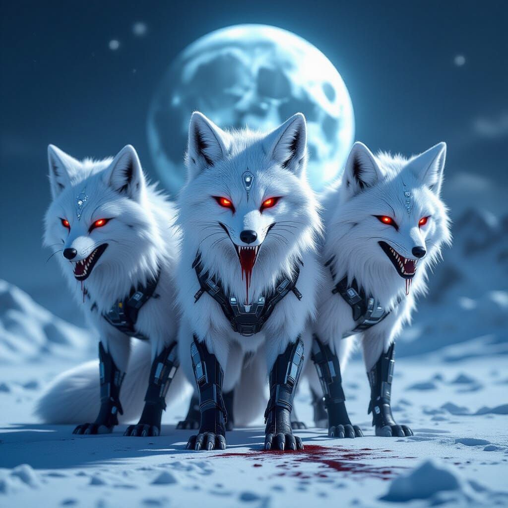 Three-Headed Mech Fox in Snowy Landscape