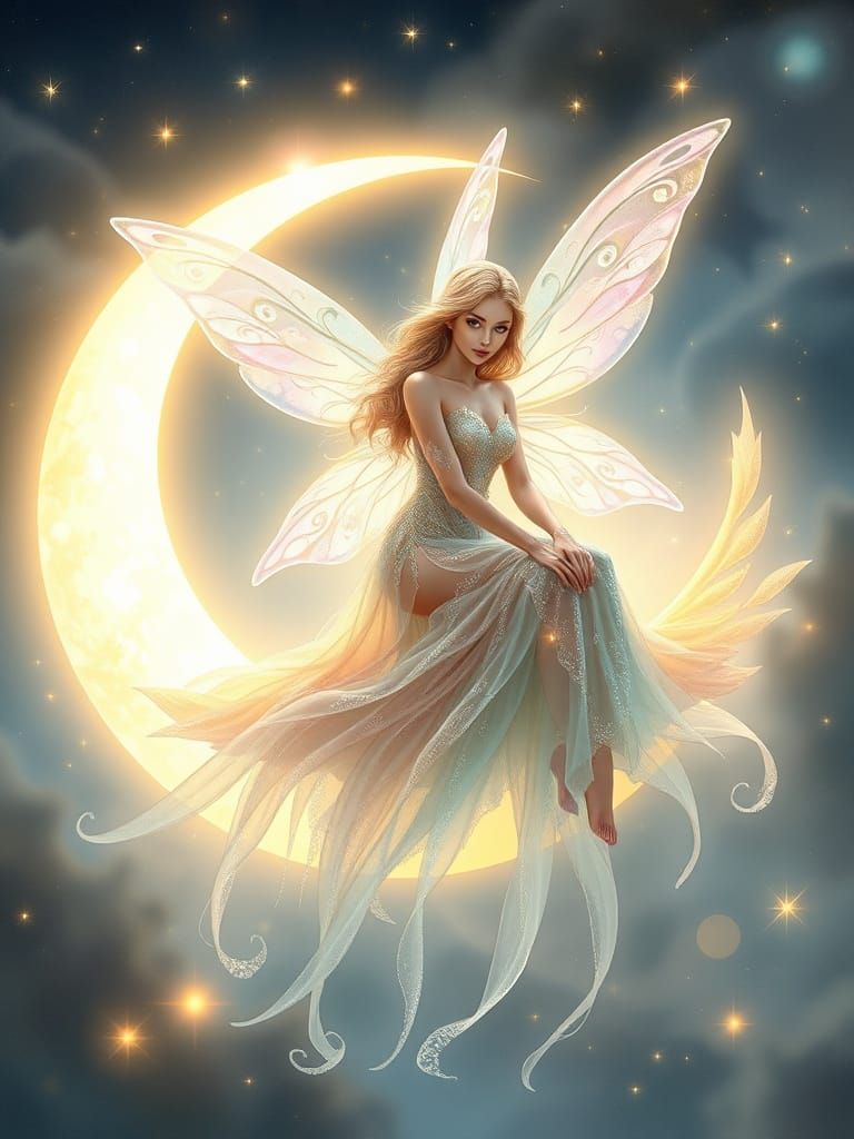 Ethereal Fairy on Crescent Moon Amidst Celestial Whispers