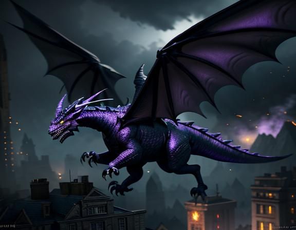 A black night lilac dragon flying around destroying building...