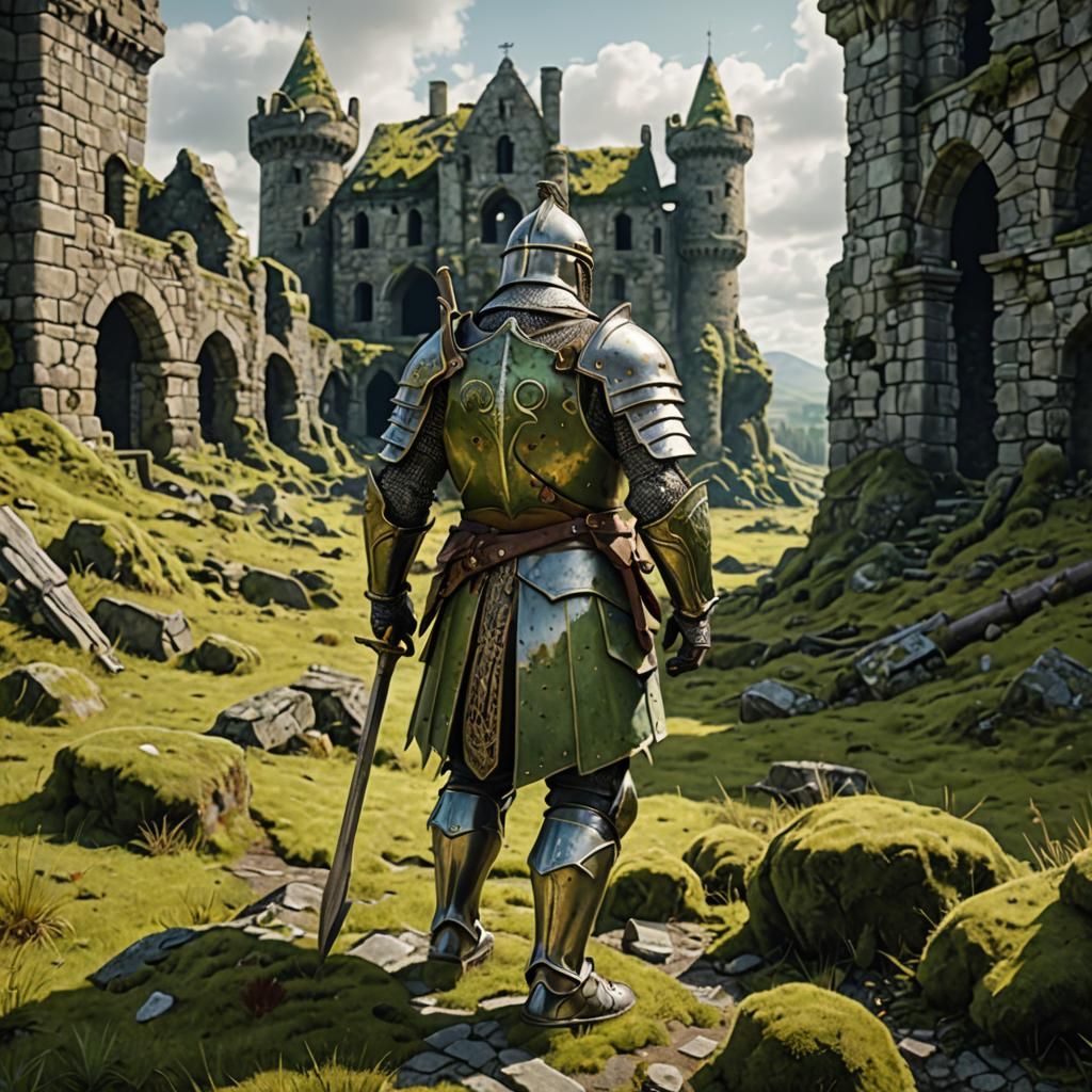 Knight in Armor Amidst Ancient Castle Ruins