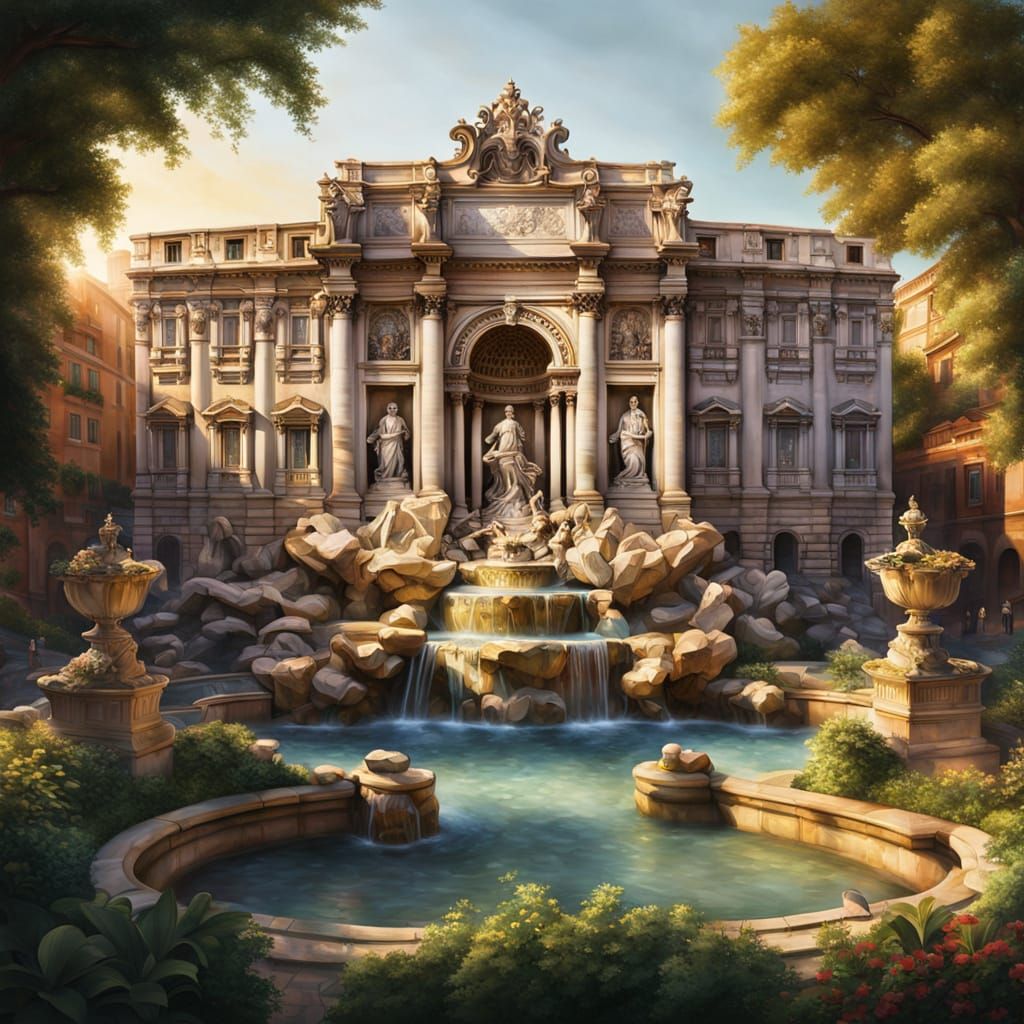 Baroque Garden with Trevi Fountain in Oil Painting Style