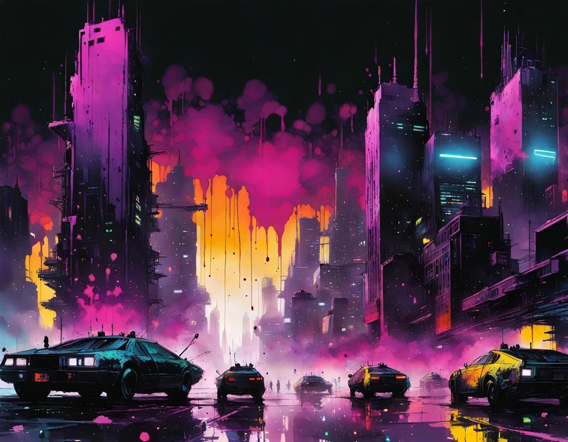 Dramatic Ink Splatter Cyberpunk Cityscape