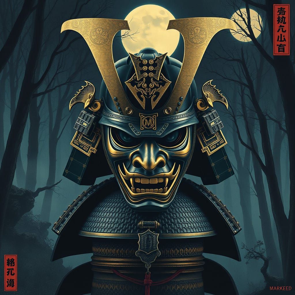 Surreal Samurai Mask in Cyberpunk Ukiyo-e Style