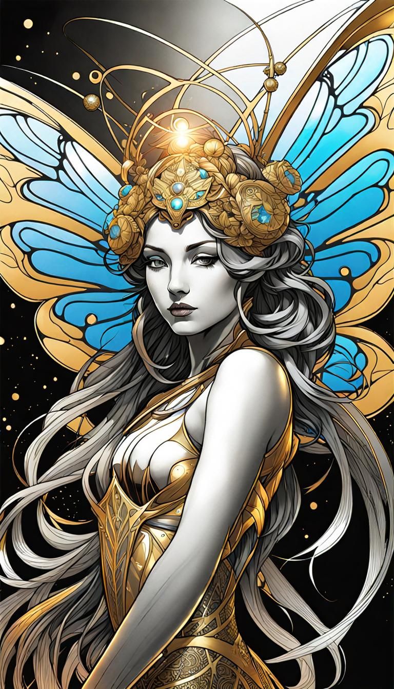 Golden Fairy with Butterfly Wings in Bio-Mechanical Armor