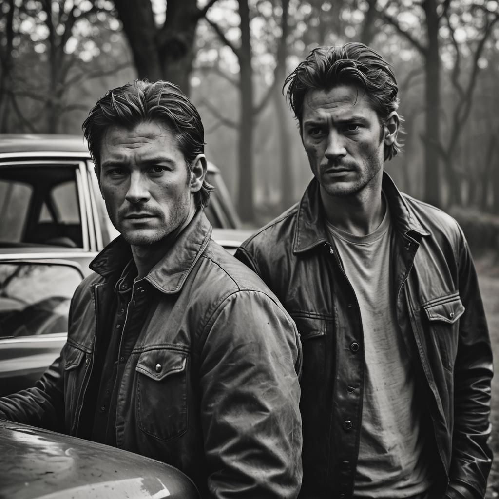 Monochrome Portrait of Two Men and Car
