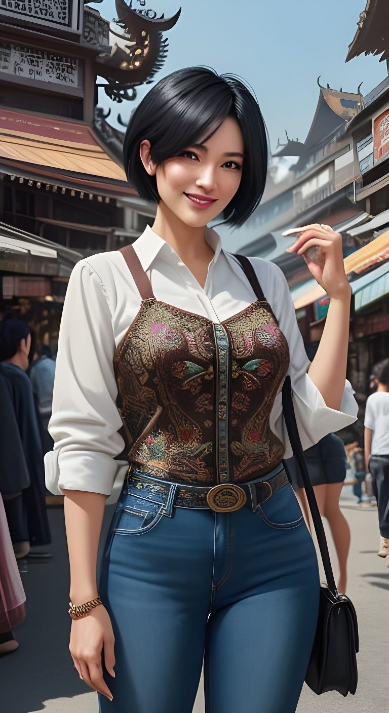 Vibrant Marketplace Scene with Hyperealistic Woman