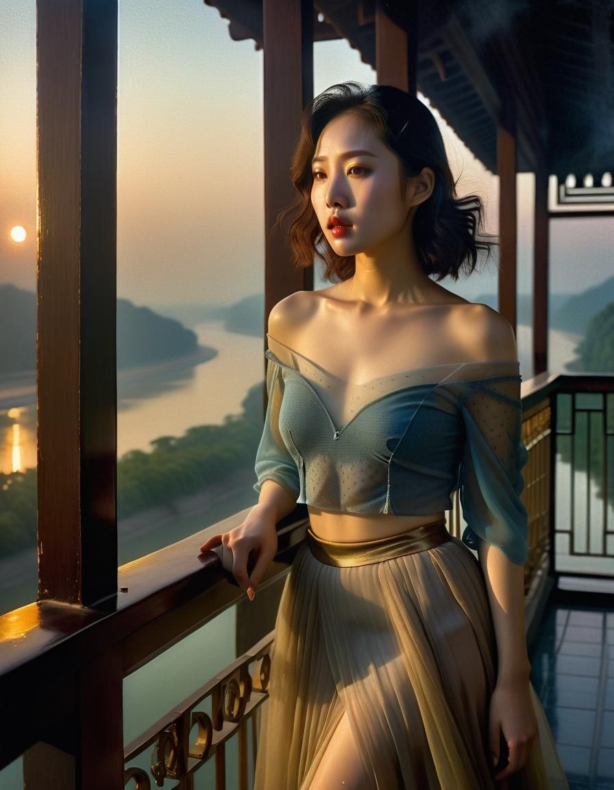 Korean Woman on Balcony in Baroque Oil Painting