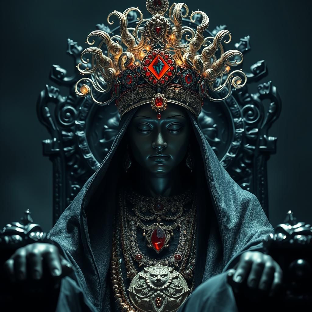 Regal Figure Adorned with Twisted Starlight Crown on Obsidian throne