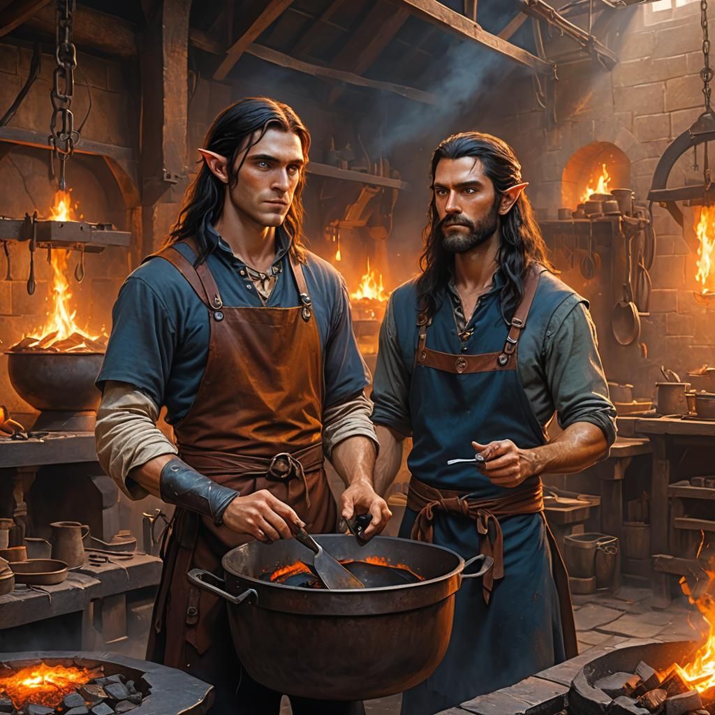 A young male elf with long black hair, blue eyes,wearing a leather apron, standing next to a long red  haired bearded ma...