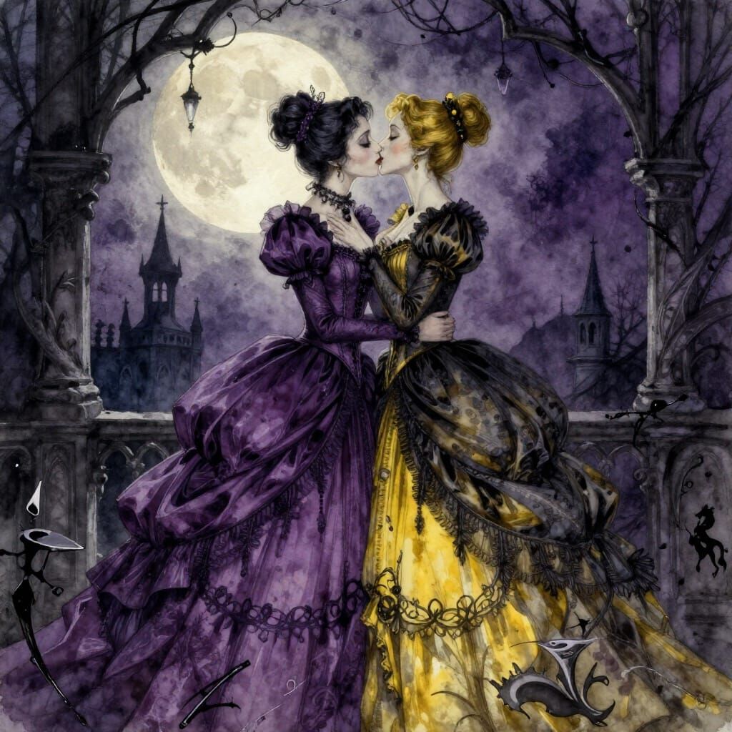 Gothic Romance: Moonlight Kiss in Watercolor Style