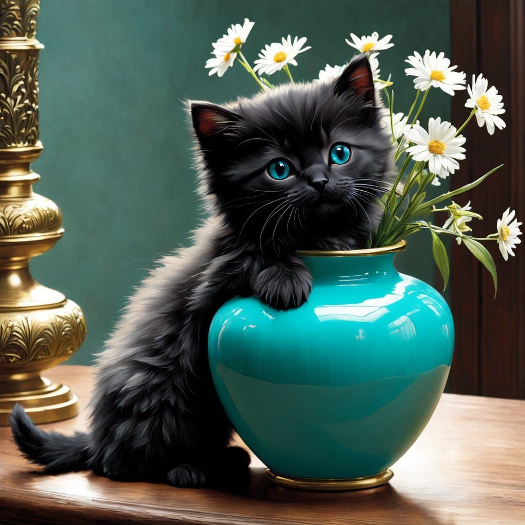 Black Kitten with Vase in Anime Style