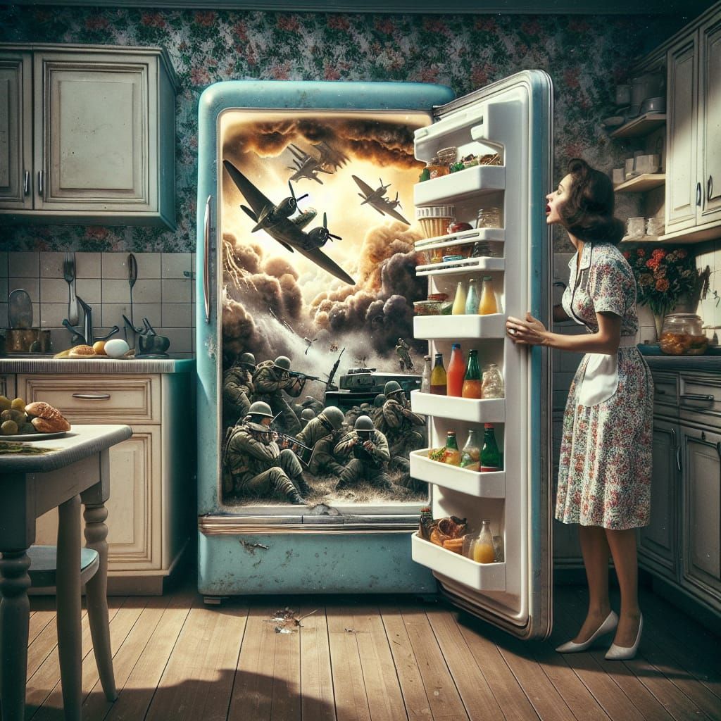 Surreal Kitchen: War Unfolds in Refrigerator