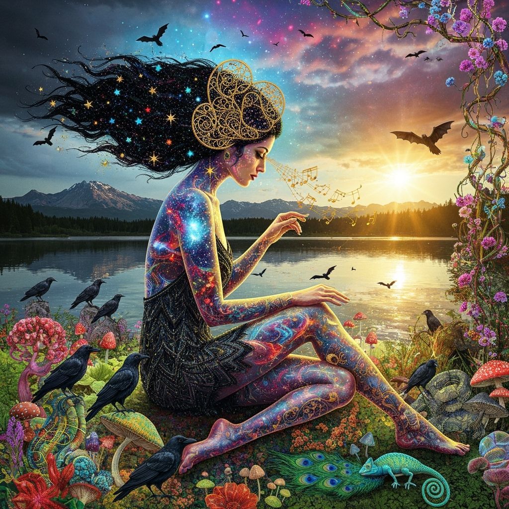 Cosmic Harpist Composing Music in Swirling Stardust