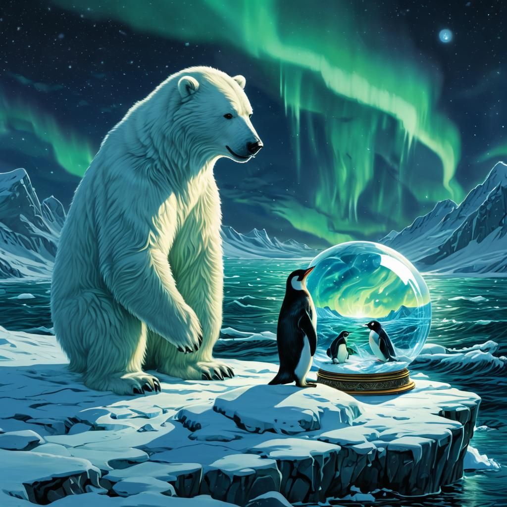 Eskimo, Polar Bear, and Penguin with Snow Globe