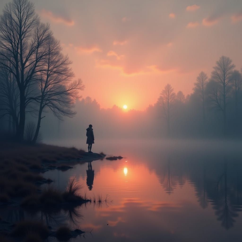 Lone Figure at Lake Sunrise in Digital Painting Style
