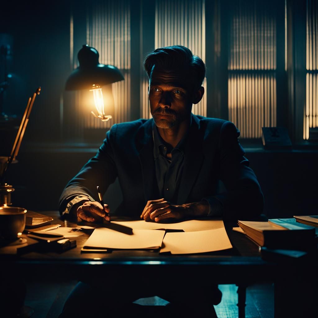 Cinematic Film Still of Person at Candlelit Desk