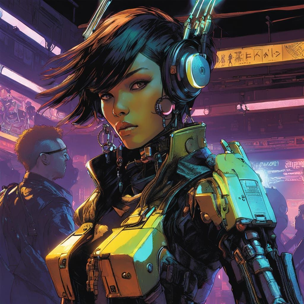 Cyberpunk Mechgirl Dancing in Neon Nightclub