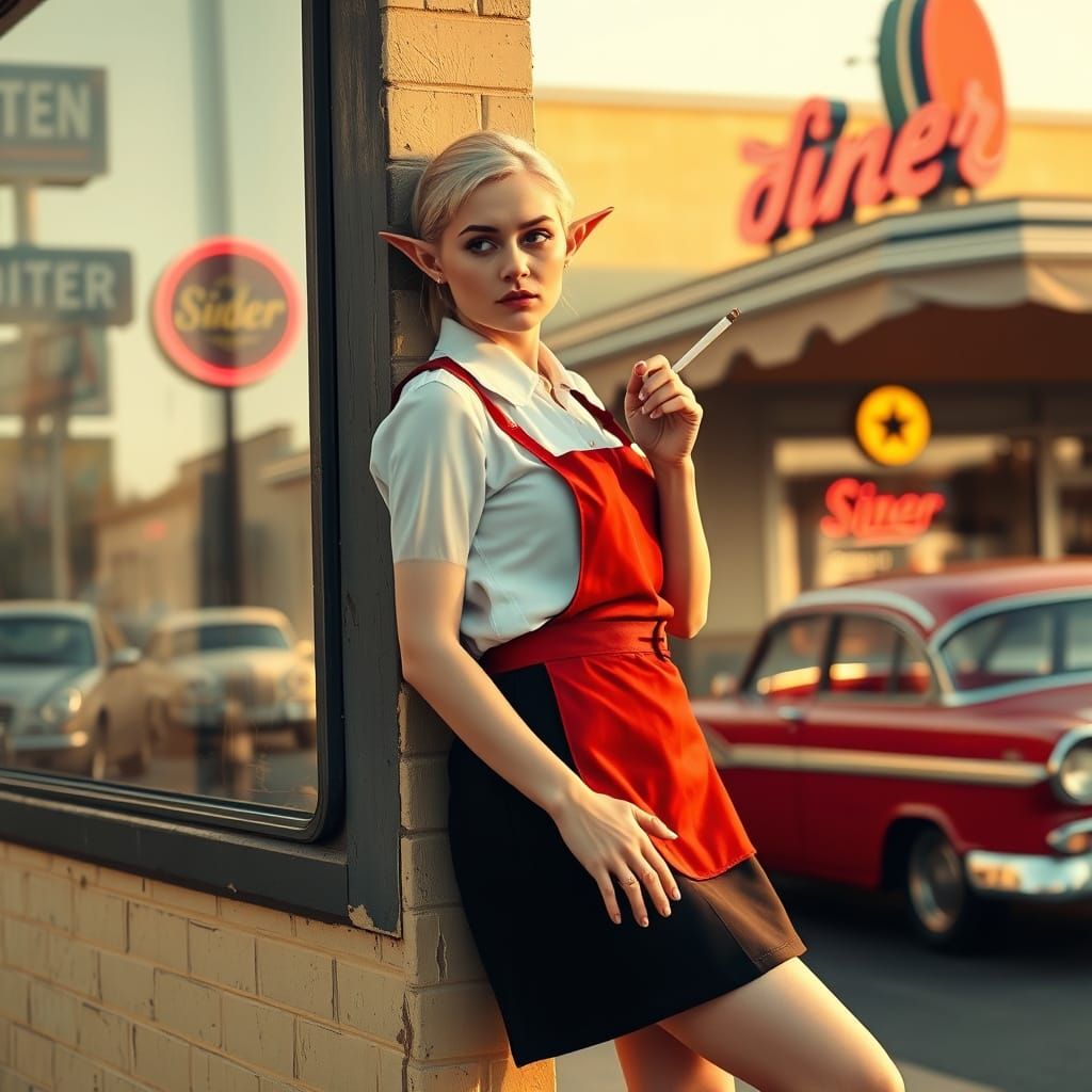 Elf Waitress Outside Vintage Diner in Golden Light