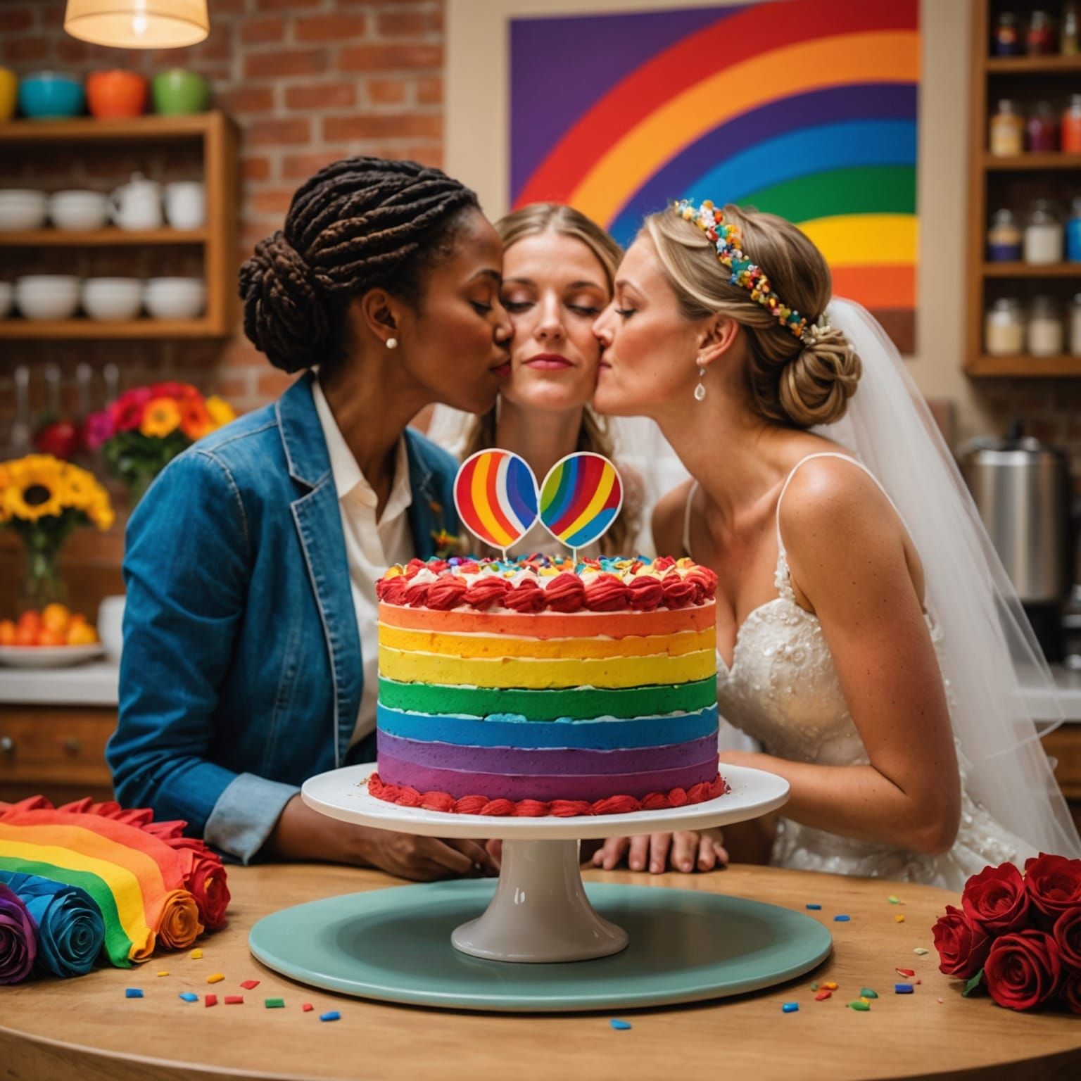 Rainbow Wedding Cake with Bride Toppers