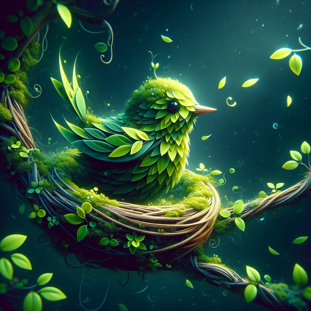 Leaf Bird in Nest: 3D Digital Art