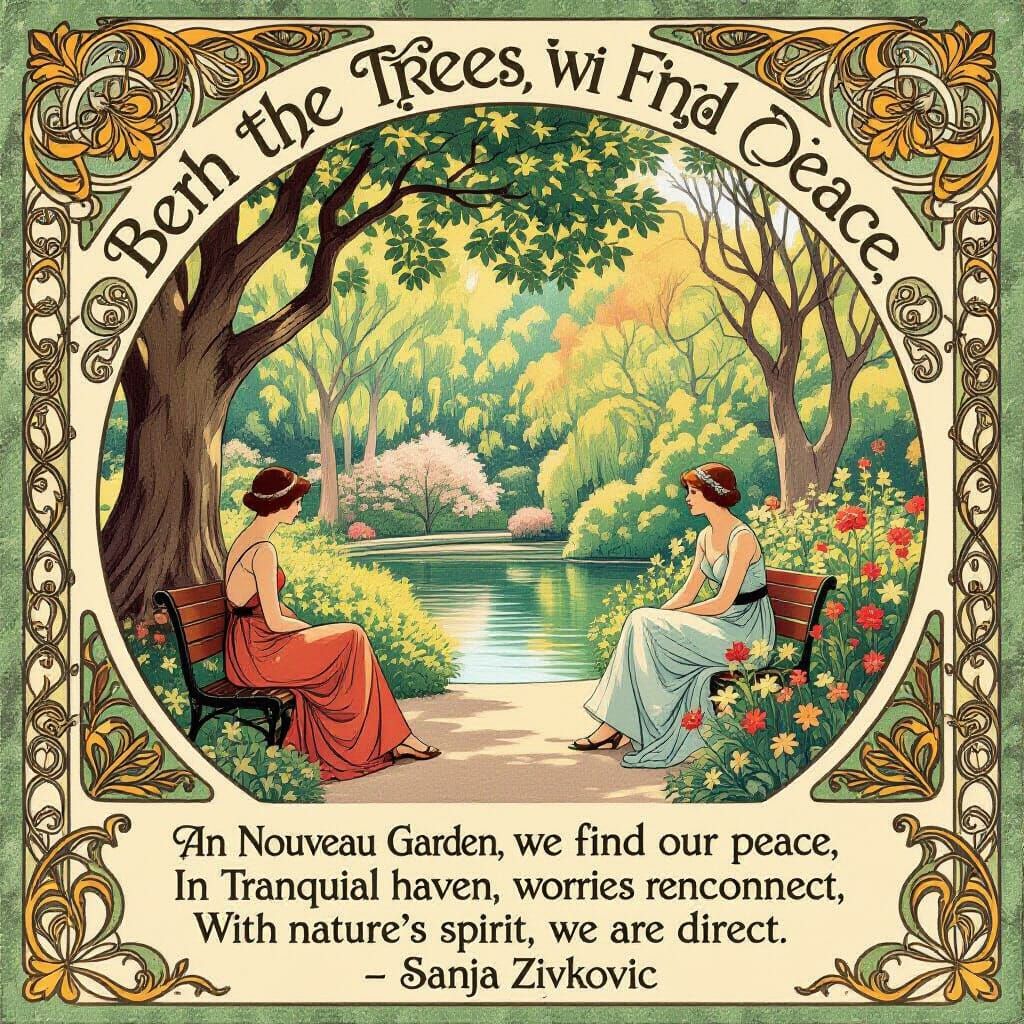 Art Nouveau Garden Scene of Tranquility