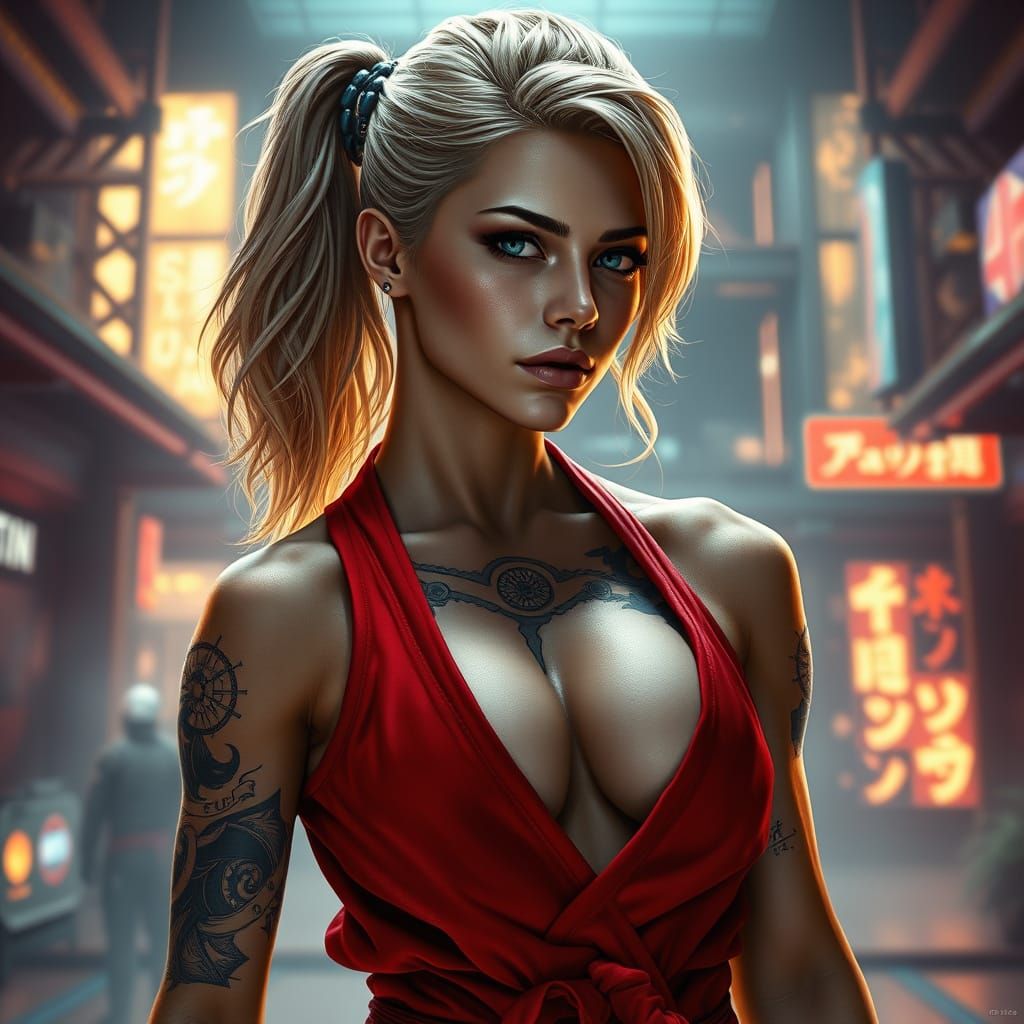 Cyberpunk Woman with Clockwork Tattoos in Futuristic Dojo