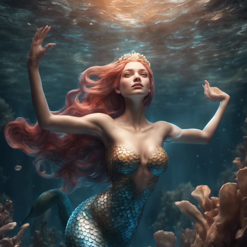 Ethereal Mermaid Swimming in Dramatic Backlight