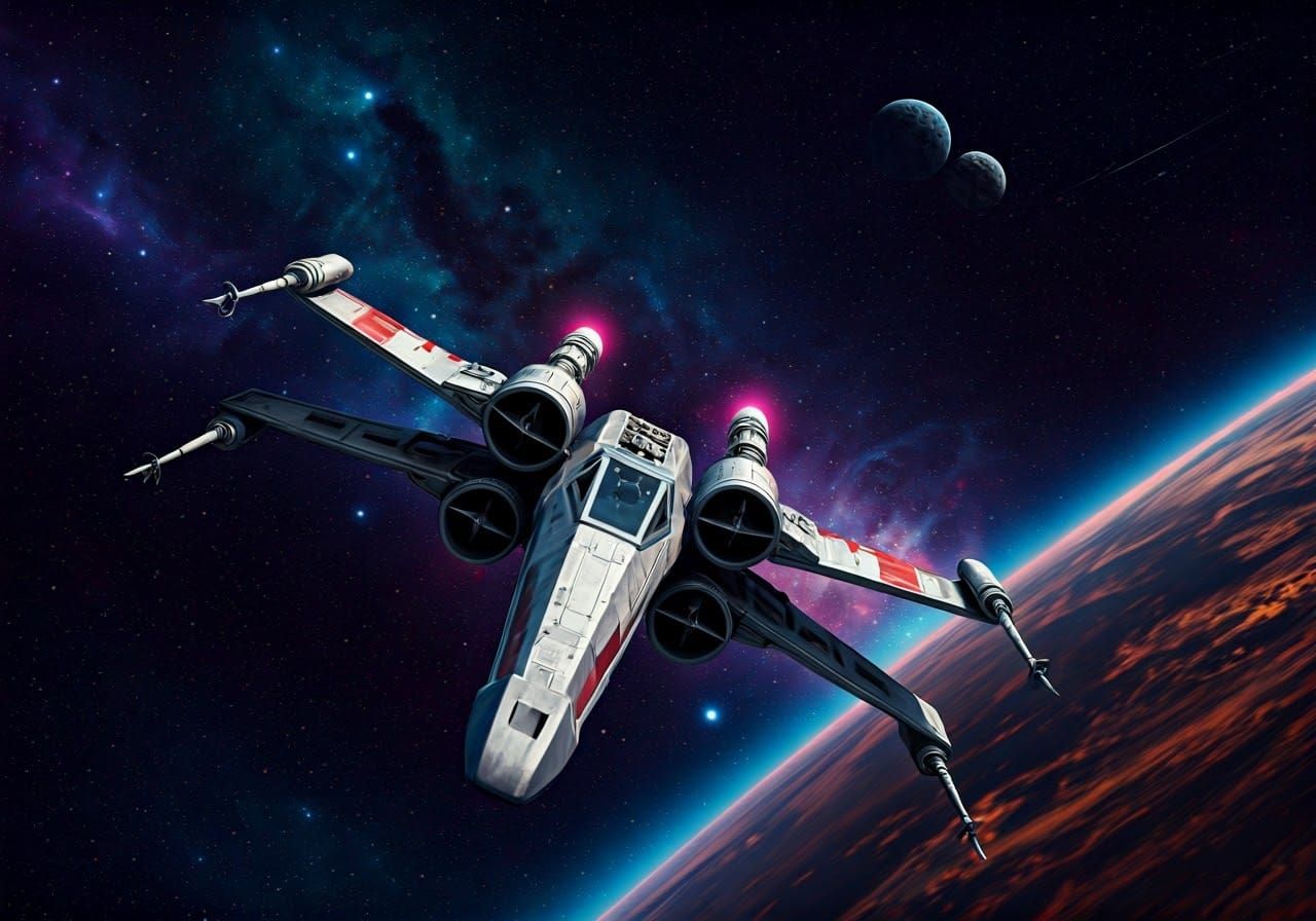 Sleek X-Wing Fighter Soars Through Cosmic Space