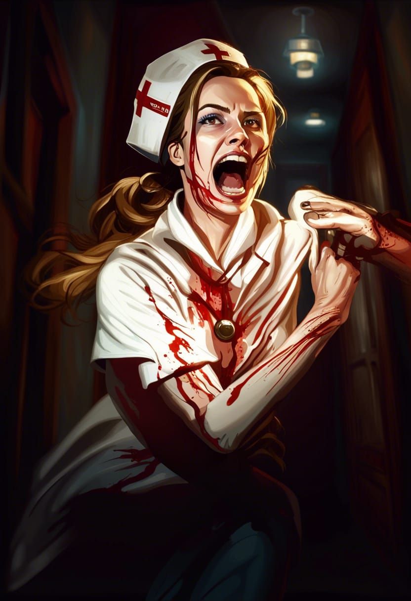 Nurse's Bloody Escape: Hyperrealistic Concept Art