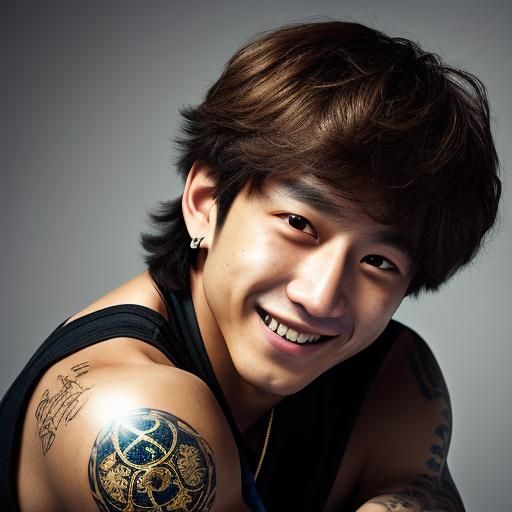 Smiling K-Pop Star Portrait with Gold Microphone