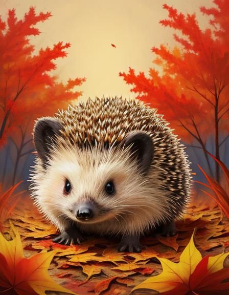Happy Hedgehog in Autumn Field, Sumi-e Style