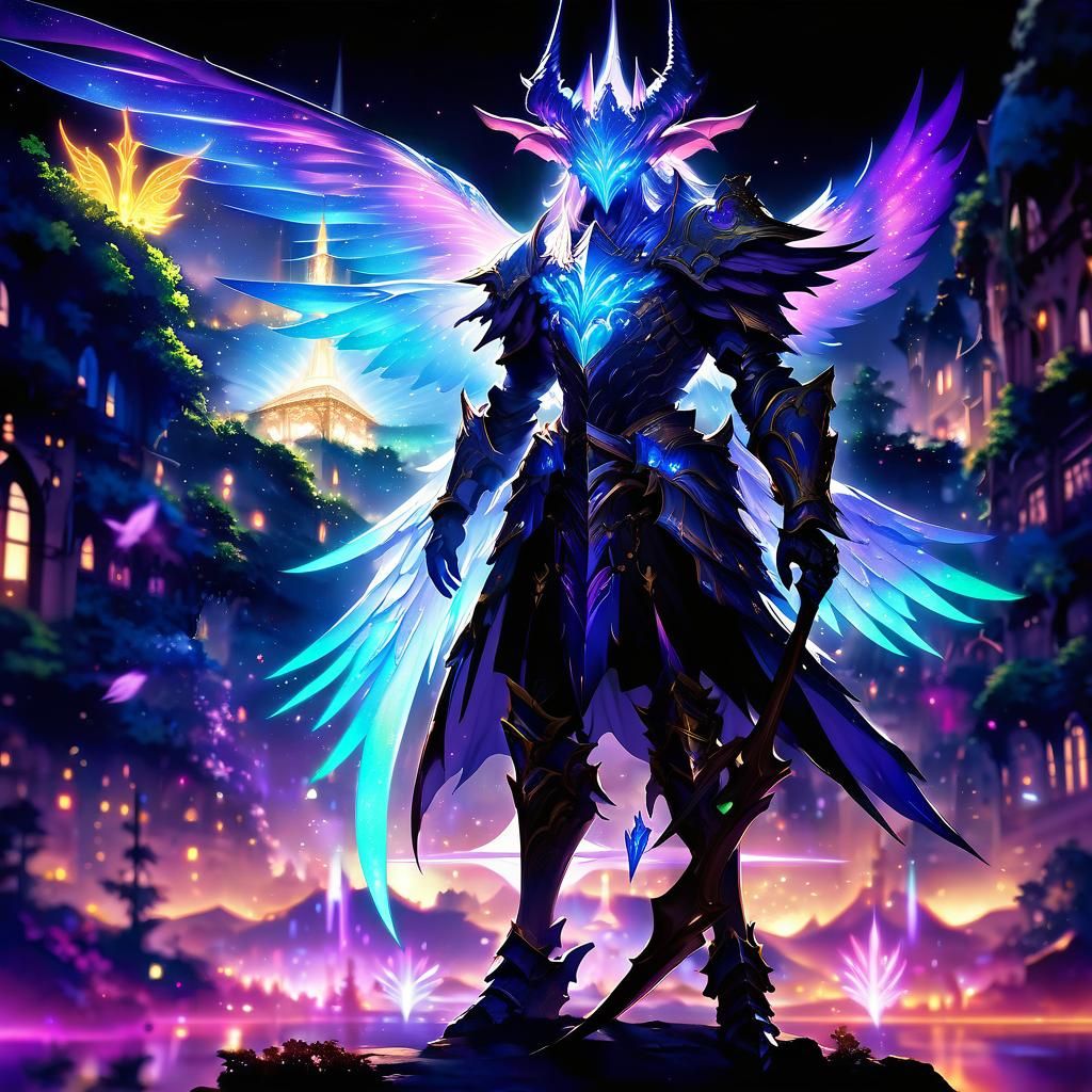 Vibrant Anime Knight in Cosmic City, Elaborate 80s Style