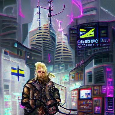 Cyberpunk Viking Warrior in Neon Cityscape