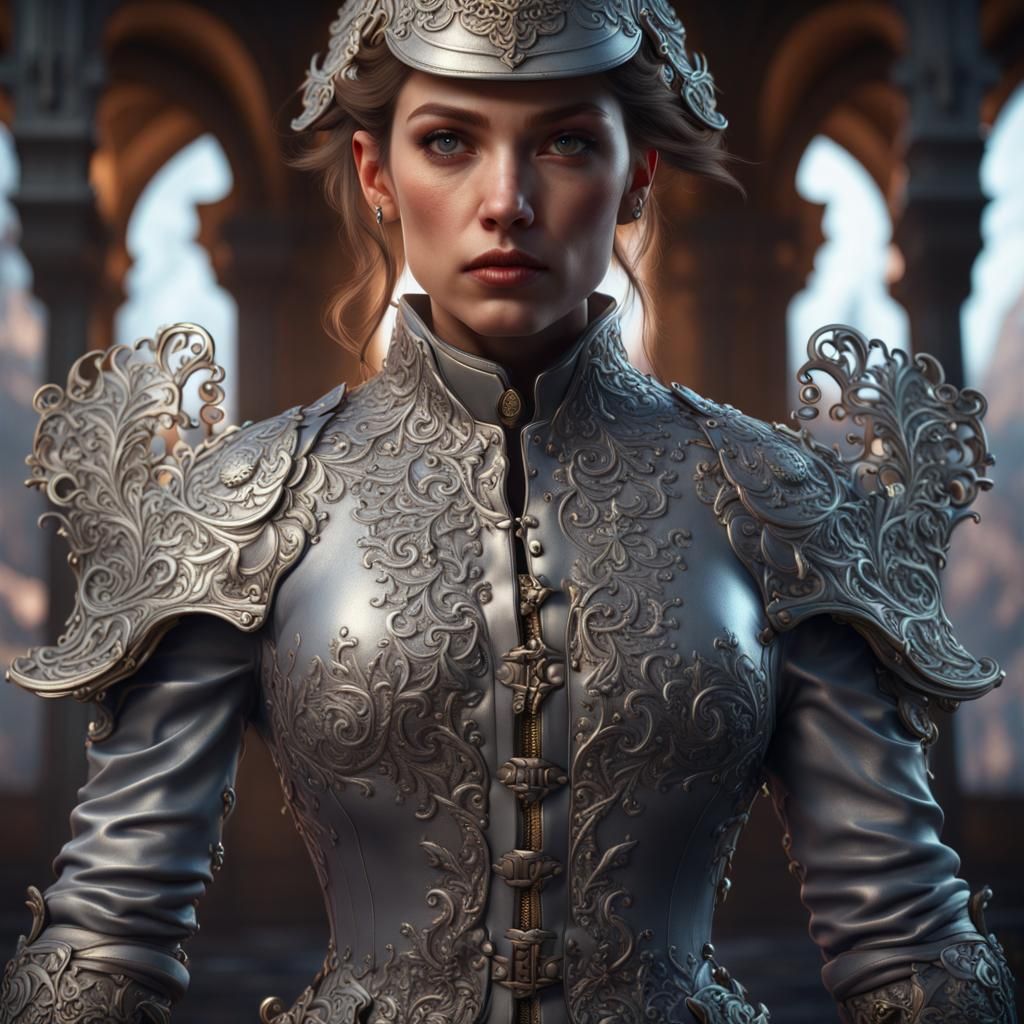 Soldier in Filigree Silver Jacket, Detailed Matte Painting