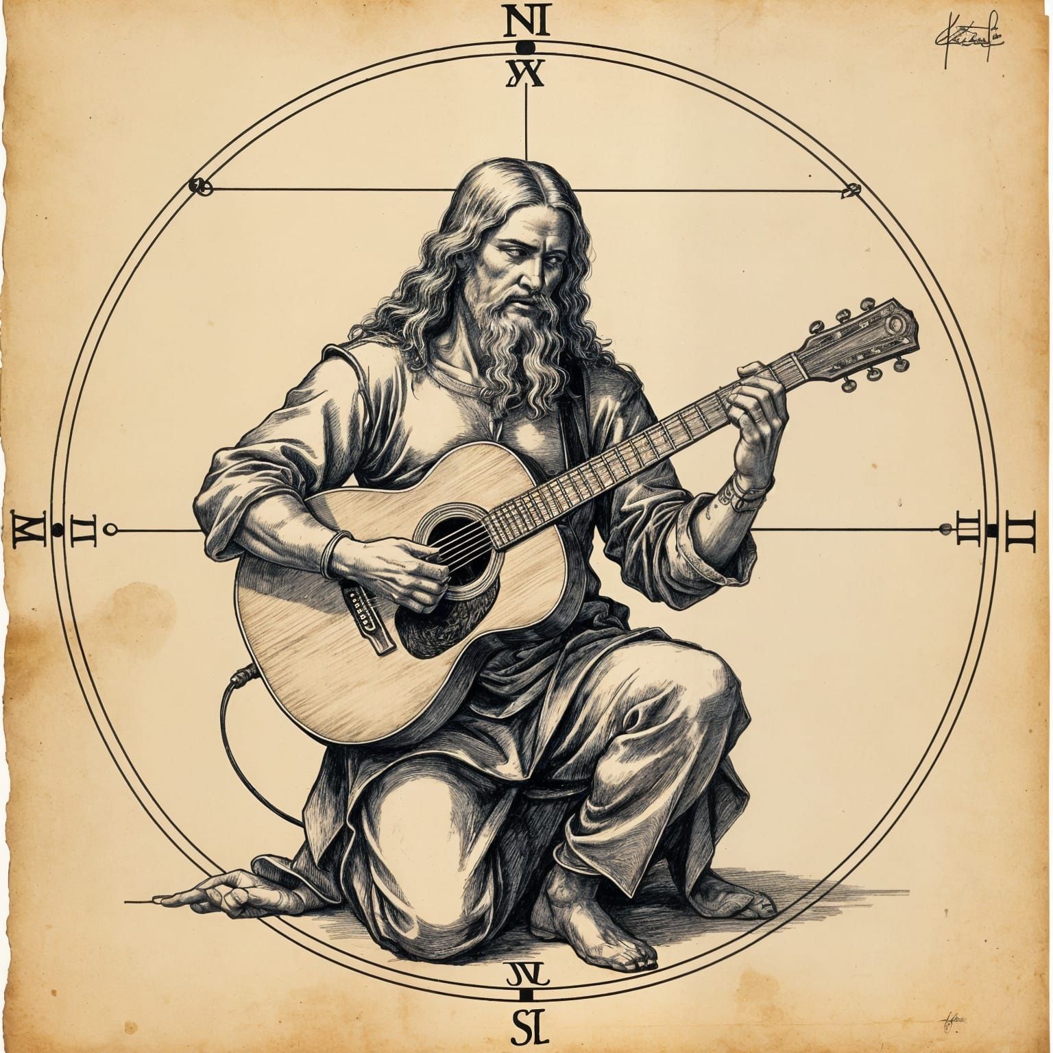 Vitruvian Guitarist Sketch on Aged Parchment